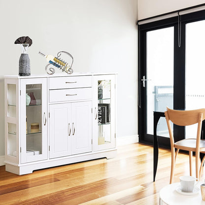 Buffet Sideboard W/Glass Door, Kitchen Storage Organizer W/ 2 Drawers & 3 Cabinets, Multifunctional Display Cabinet Console Table W/ 5 Adjustable Shelves for Kitchen Living Room White