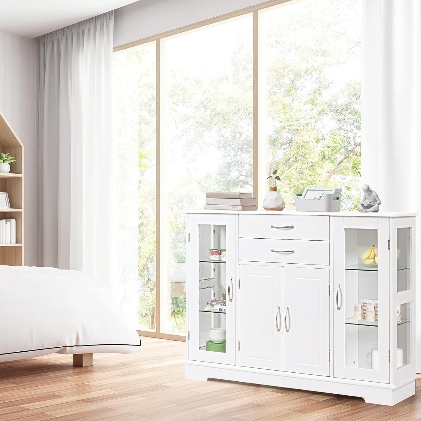 Buffet Sideboard W/Glass Door, Kitchen Storage Organizer W/ 2 Drawers & 3 Cabinets, Multifunctional Display Cabinet Console Table W/ 5 Adjustable Shelves for Kitchen Living Room White