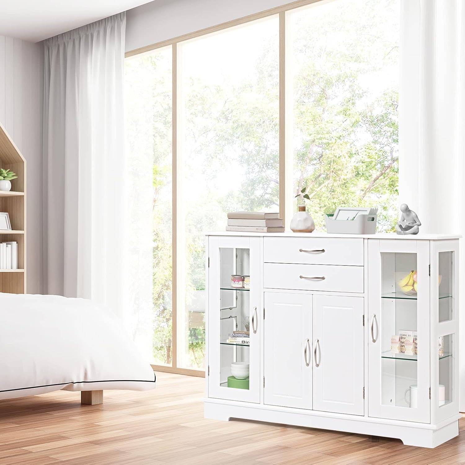 Buffet Sideboard W/Glass Door, Kitchen Storage Organizer W/ 2 Drawers & 3 Cabinets, Multifunctional Display Cabinet Console Table W/ 5 Adjustable Shelves for Kitchen Living Room White
