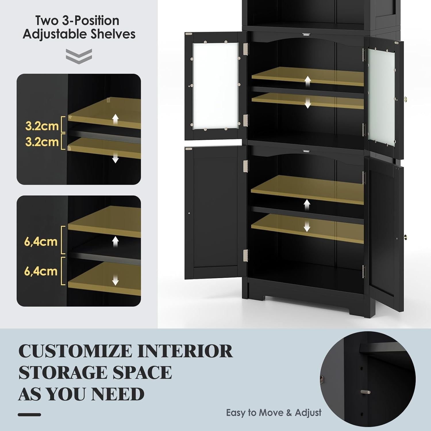 Giantex 163Cm Bathroom Storage Cabinet, Kitchen Pantry Cupboard with Glass Doors, Open Storage Shelves & 3-Level Adjustable Shelves, Tall Storage Buffet Sideboard for Living Room Kitchen, Black