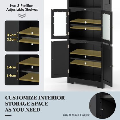 Giantex 163Cm Bathroom Storage Cabinet, Kitchen Pantry Cupboard with Glass Doors, Open Storage Shelves & 3-Level Adjustable Shelves, Tall Storage Buffet Sideboard for Living Room Kitchen, Black