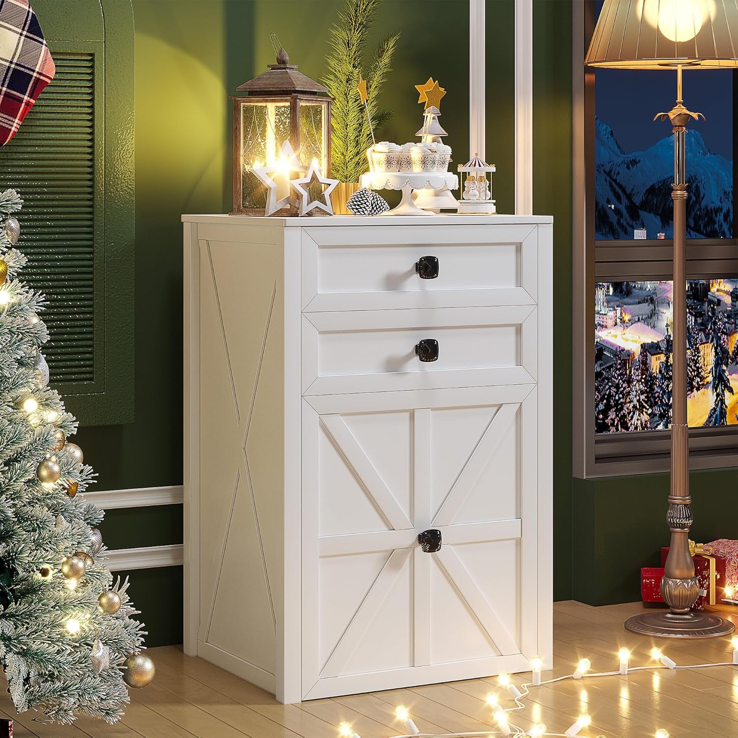 Farmhouse Vanity Desk with Mirror&Lights, 3 in 1 Small Makeup Vanity Set with Stool, Space-Saving Makeup Vanity with Storage Compartment, Dressing Table for Bedroom/Cloakroom, White