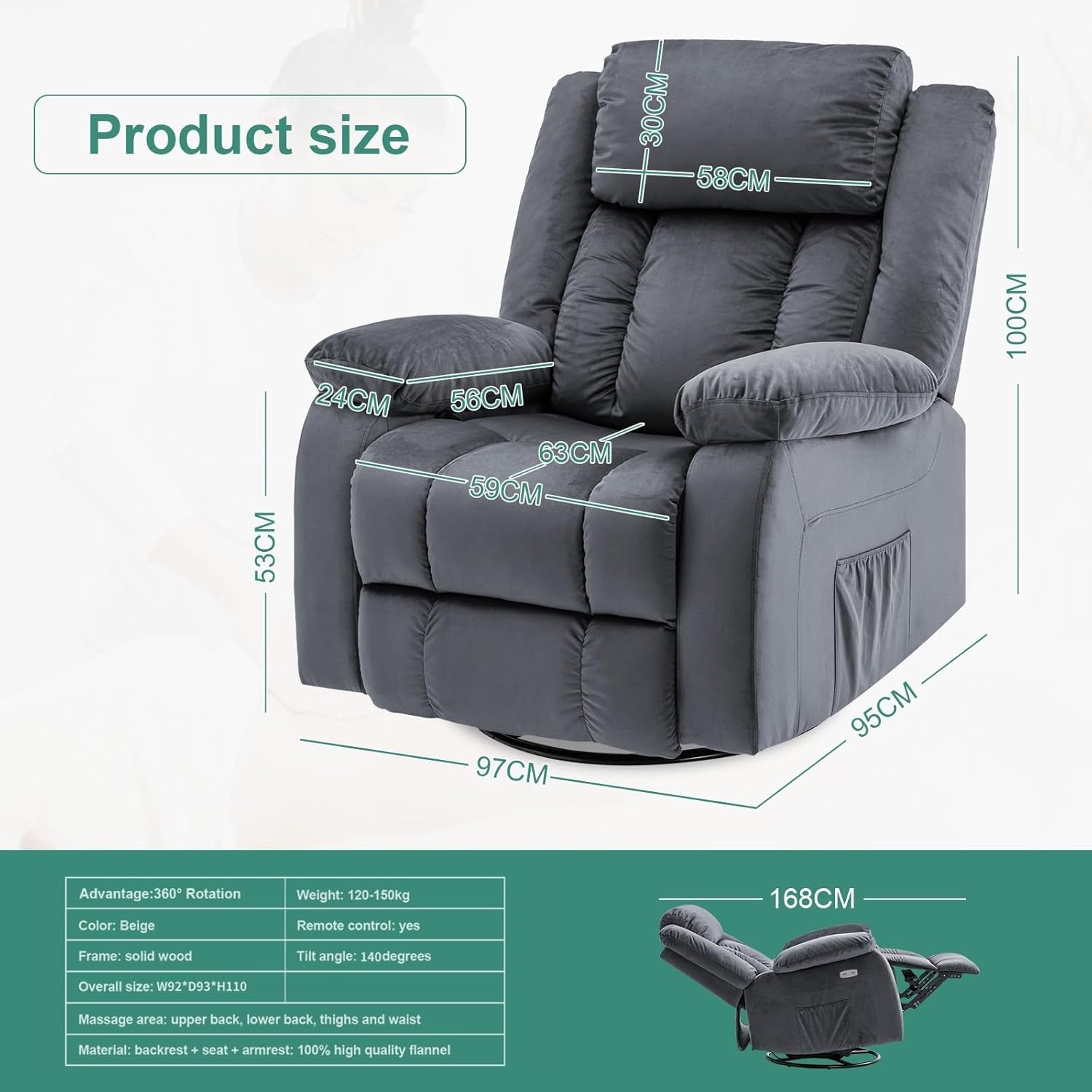 Ufurniture Massage Recliner Chair 140°Tilt 8 Point Heated Vibration Dark Gray Recliner Chair for Adults 360 ° Rotate Circular Base with Side Pocket