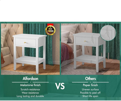ALFORDSON Bedside Table with Drawer 50Cm X 35Cm X 60Cm, Modern Nightstand with Storage Drawer and Open Display Shelf Hamptons Style (White)
