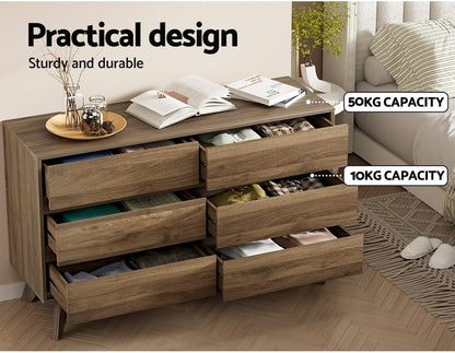 Chest of Drawers with 6 Drawer, Oak Wood Dresser Tallboy Storage Cabinet,Walnut