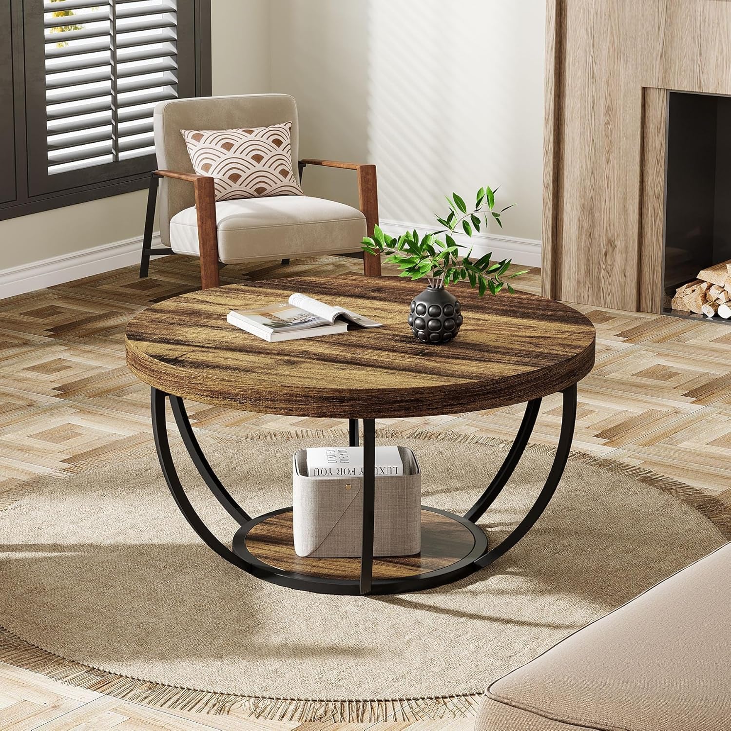 Round Coffee Table, 80Cm Wooden 2-Tier Circle Coffee Table Storage, Modern Low Coffee Table, Rustic Brown