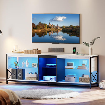 TV Stand LED  for 55/60/65/75 Inch Tv,Smart Gaming Entertainment Center with Wireless Charging Station,Modern TV Cabinet with Adjustable Glass Shelves for Living Room, Bedroom 58 Inch,White