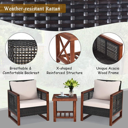  3-PCS Patio PE Rattan Chair Table Set, Wooden Wicker Furniture W/Solid Wood Frame, Soft Cushion, Coffee Table W/Shelf, Patio Conversation Sofa Setting for Balcony, Yard