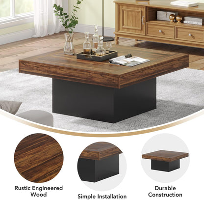 Coffee Table Square LED Coffee Table Engineered Wood Low Coffee Table for Living Room (Rustic Brown+Black)