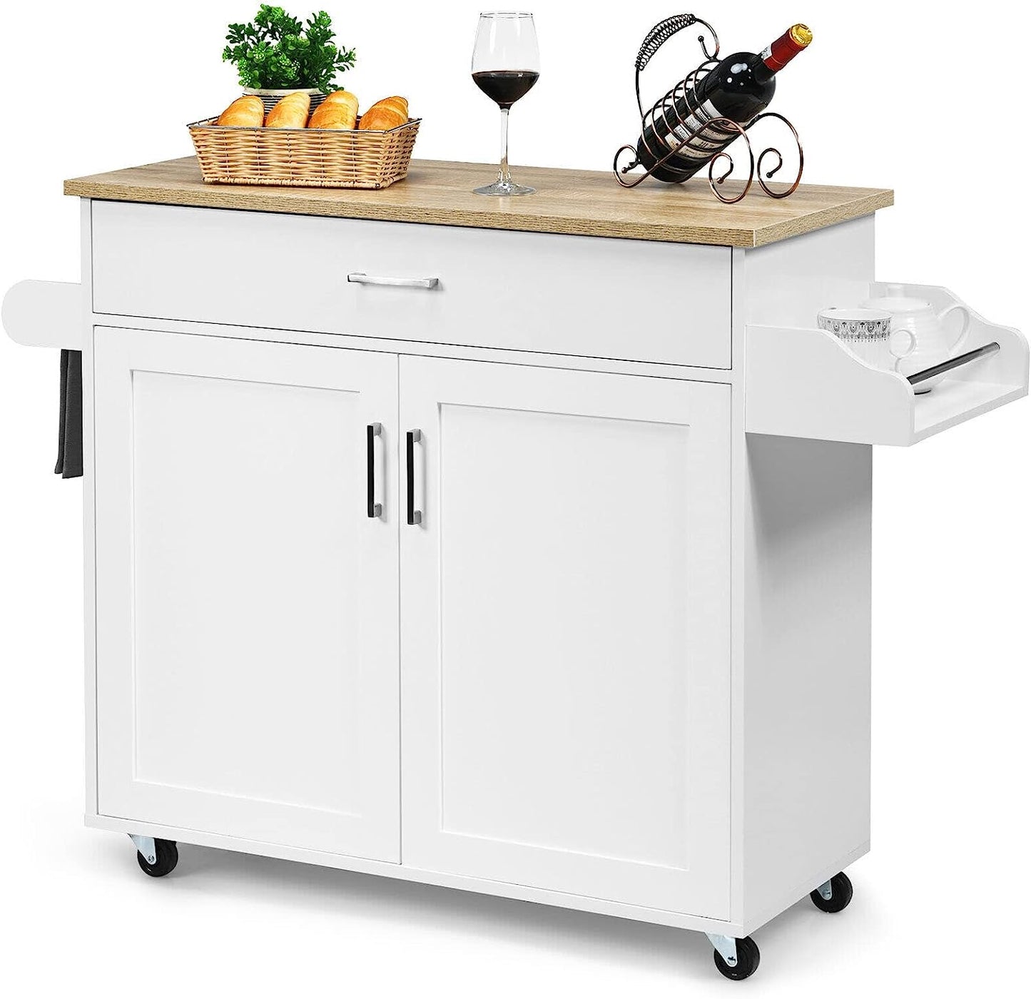 Giantex Wooden Rolling Kitchen Island, Storage Cart Trolley W/Adjustable Shelf, Spice Storage Sgelf, Towel Rack & Drawer, Utility Buffet Cabinet W/Beech Top for Kitchen Dinning Room Canteen, White