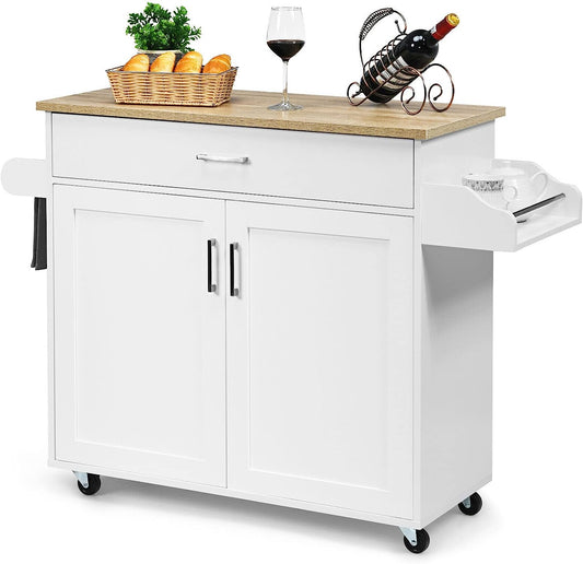 Giantex Wooden Rolling Kitchen Island, Storage Cart Trolley W/Adjustable Shelf, Spice Storage Sgelf, Towel Rack & Drawer, Utility Buffet Cabinet W/Beech Top for Kitchen Dinning Room Canteen, White