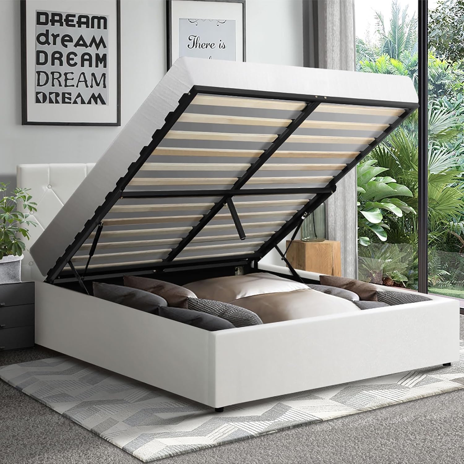 Queen Bed Frame with Storage and Gas Lift Leather Bed White