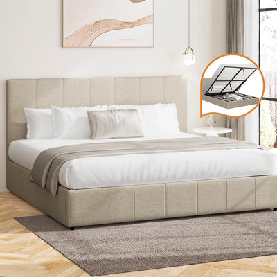 King Bed Frame with Gas Lift and Storage Place Fabric Bed Base King Size