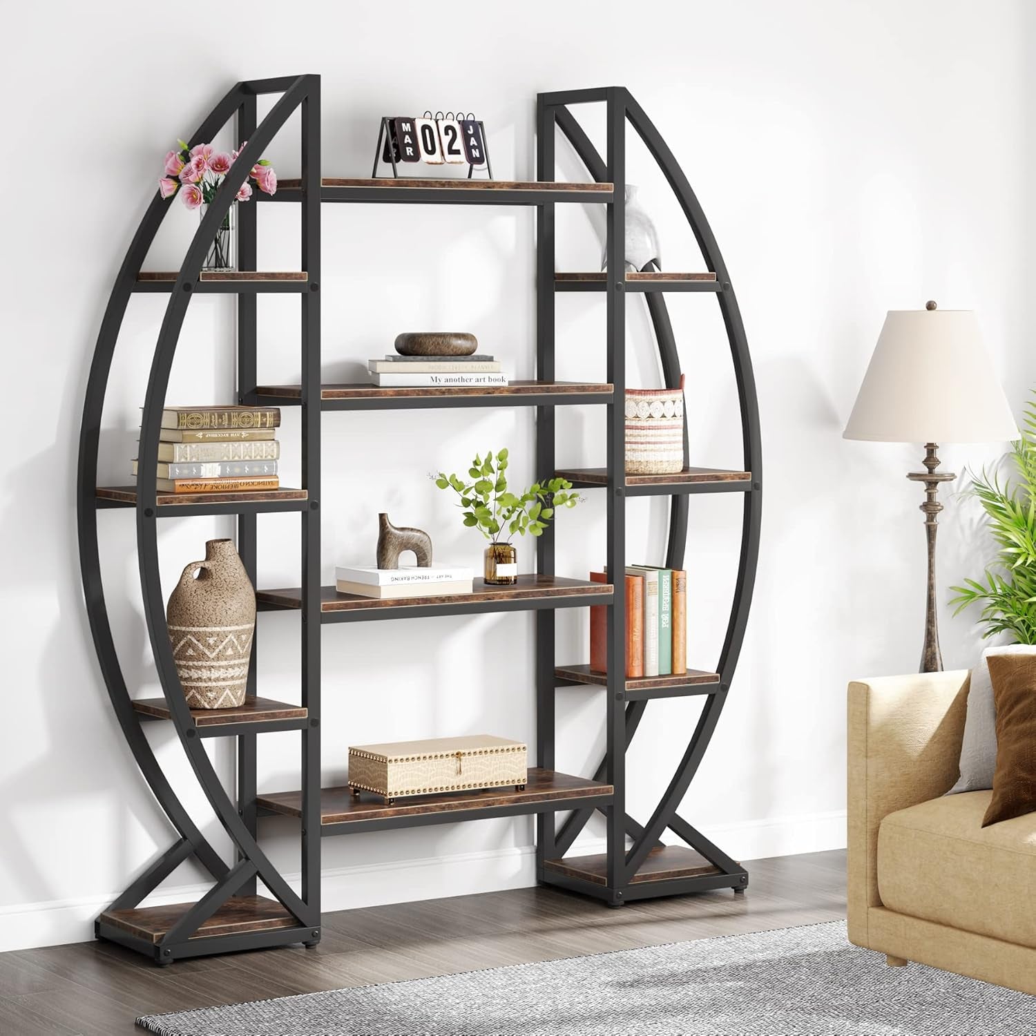  Oval Bookshelf, Triple Wide 5 Tier Etagere Bookcase, Industrial Display Shelves for Living Room (Brown, 55")