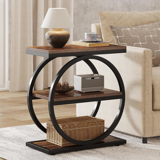 End Table, Narrow End Table with 3 Storage Shelves, 
