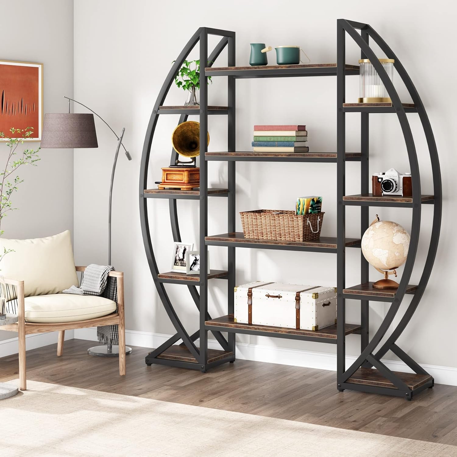  Oval Bookshelf, Triple Wide 5 Tier Etagere Bookcase, Industrial Display Shelves for Living Room (Brown, 55")