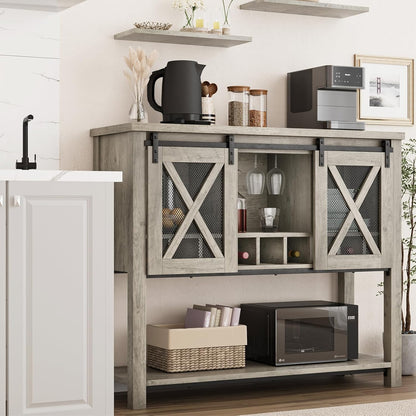 Coffee Bar Cabinet, Sideboard Buffet Storage Cabinet with Storage, Farmhouse Wine Bar Cabinet with Wine Glass Rack, Liquor Cabinet Bar for Home, Kitchen, Dining, Living Room, Grey