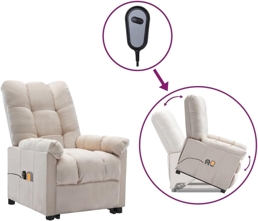 Vidaxl Stand-Up Massage Recliner Chair in Cream Fabric - Electric Power Lift Chair with 6-Point Massage Function, Adjustable Manual Recline and Densely Padded Seat For