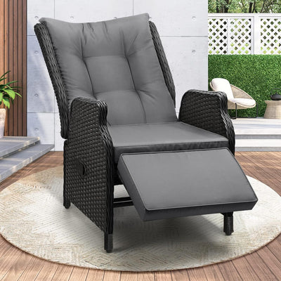 Outdoor Sun Lounge Furniture Recliner Chair Sofa Set Garden Patio Furniture Wicker with Adjustable Backrest Footrest 6CM Seat Cushion, Black