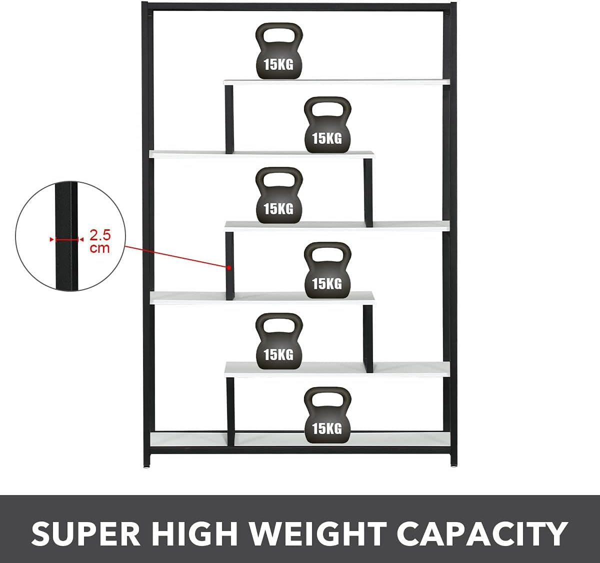 Six Tier Bookshelf Bookshelf Industrial Multi-Level Bookcase Storage Rack Display Shelf Unit for Home and Office White