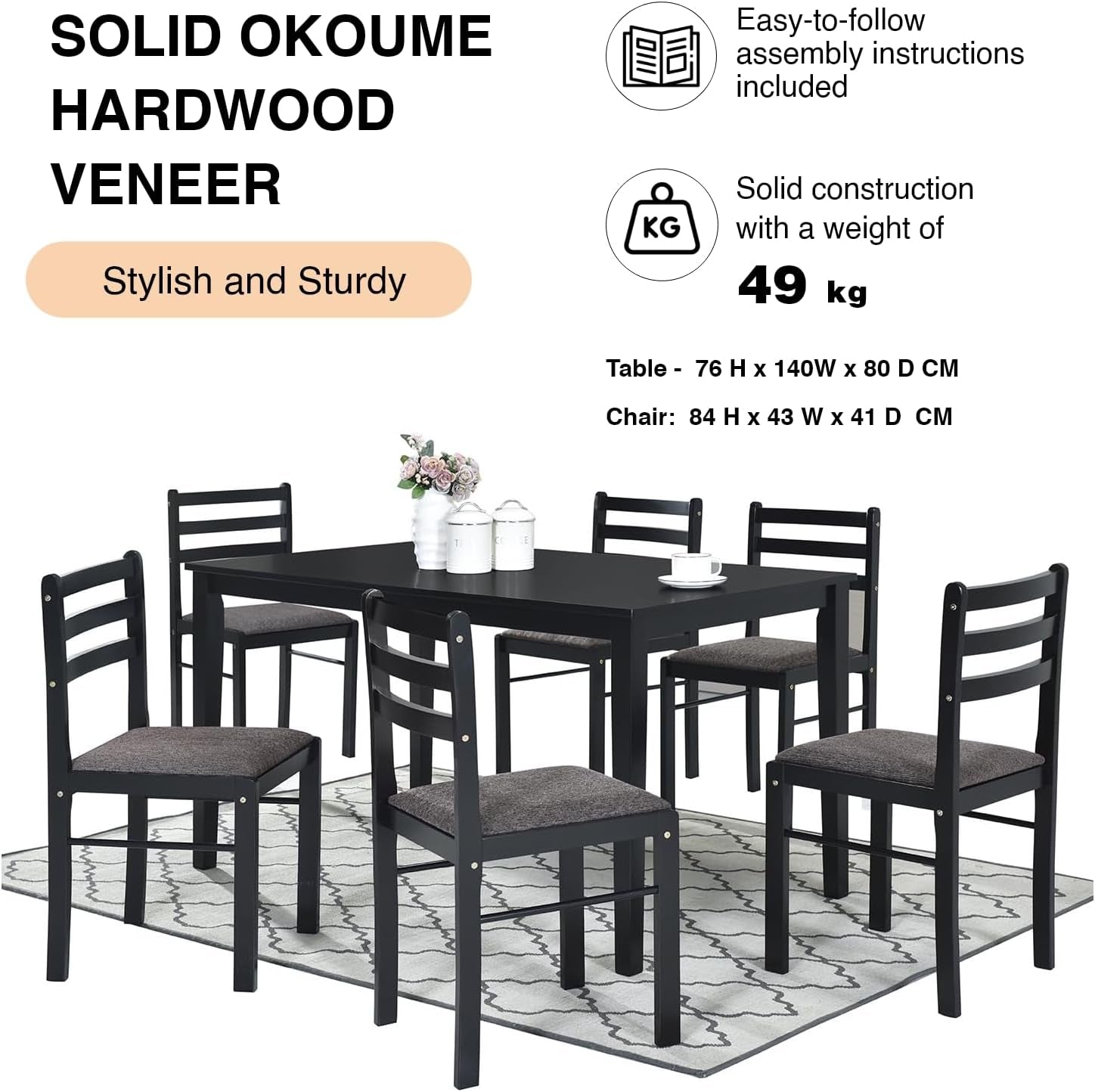 7-Piece Rustic Dining Set, Okoume Plywood Table & Chairs, Black