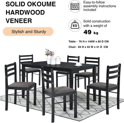 7-Piece Rustic Dining Set, Okoume Plywood Table & Chairs, Black