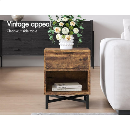 Wooden Bedside Table with Metal Frame Base, Compact Nightstand with Drawer and Shelf, 40 X 39.5 X 50.5Cm, Wood