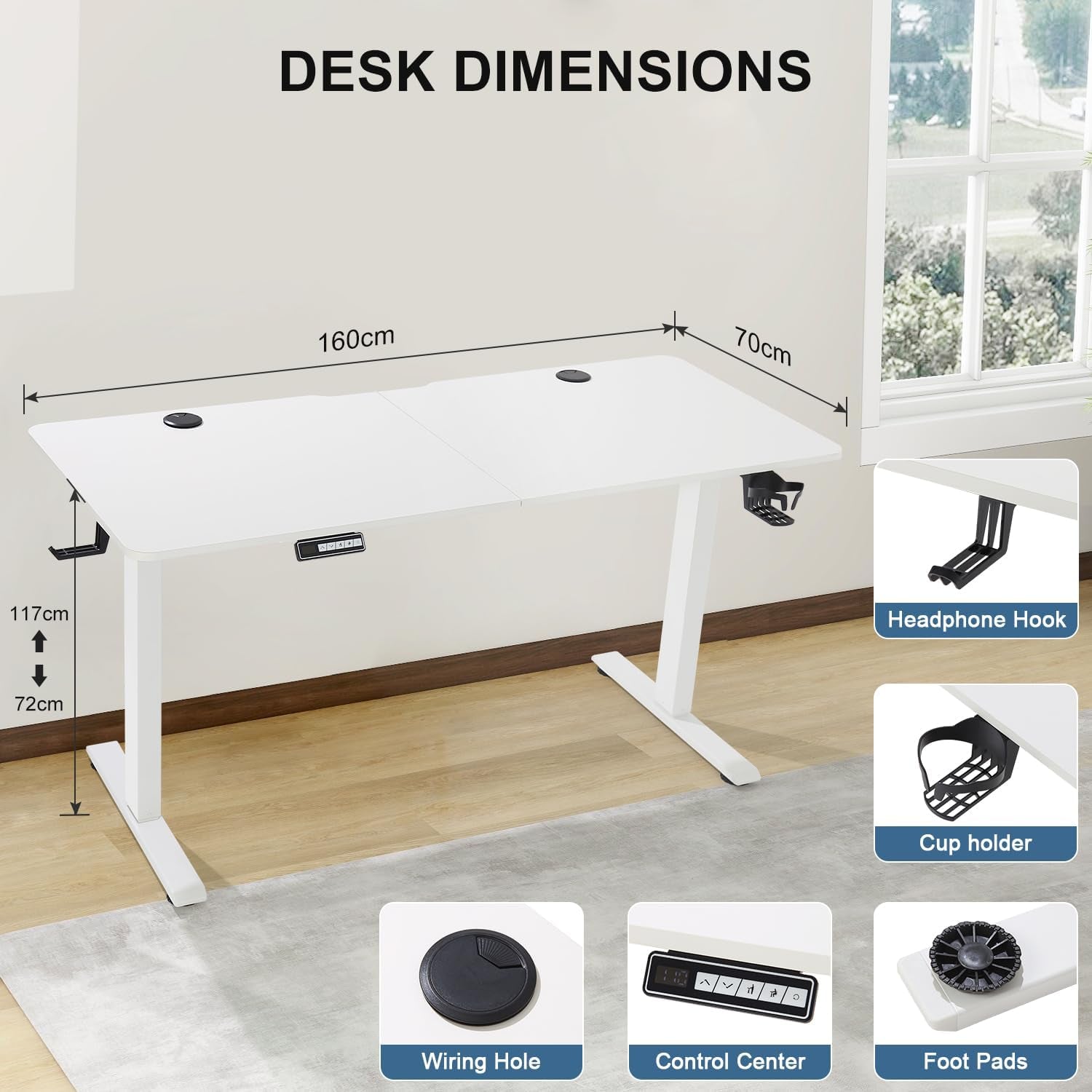 Height Adjustable Electric Standing Desk,160 X 70Cm Splice-Piece Board,Rising Home Office Computer Table with Memory Controller (White, 160 X 70Cm)