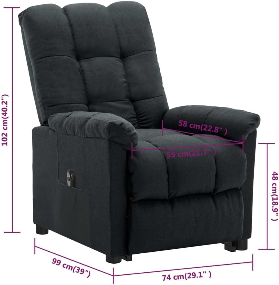 Vidaxl Power Lift Recliner Chair with Vibration Massage, Adjustable Backrest and Footrest, Dark Grey Fabric, Solid Wood and Metal Frame