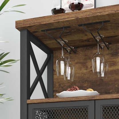 Industrial Coffee Bar Cabinet, Farmhouse Wine Bar Cabinet for Liquor and Glasses, Metal Wood Sideboard Buffet Liquor Cabinet and Wine Rack with Storage for Home Dining Kitchen, Rustic Brown, 47 In