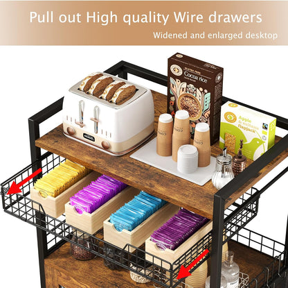Coffee Bar Cabinet, 3 Tier Coffee Station Table on Wheels, 35.9'' H Bar Cart with Wire Basket Drawer & 5 Hooks for Home Kitchen