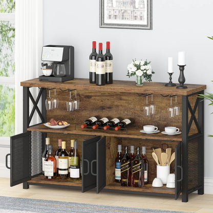 Industrial Coffee Bar Cabinet, Farmhouse Wine Bar Cabinet for Liquor and Glasses, Metal Wood Sideboard Buffet Liquor Cabinet and Wine Rack with Storage for Home Dining Kitchen, Rustic Brown, 47 In