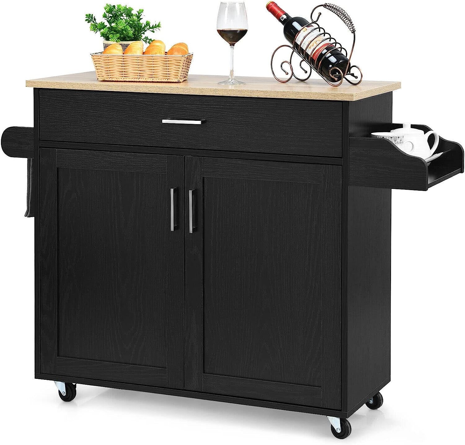 Giantex Wooden Rolling Kitchen Island, Storage Cart Trolley W/Adjustable Shelf, Spice Storage Sgelf, Towel Rack & Drawer, Utility Buffet Cabinet W/Beech Top for Kitchen Dinning Room Canteen, White