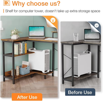 ODK L Shaped Computer Desk with Reversible Storage Shelves, L-Shaped Desk 118 * 80 * 86.4Cm Corner Desk with Monitor Stand for Small Space, Modern Writing Table for Home Office Desk, Rustic Brown