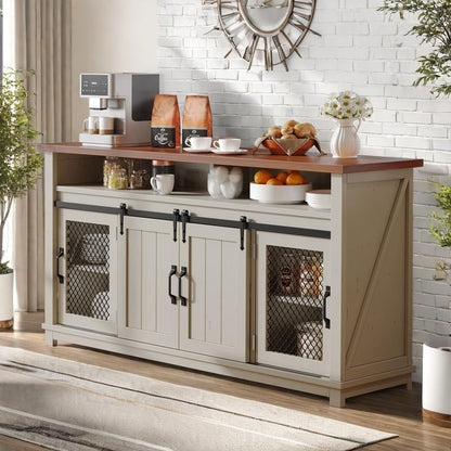 160cm Farmhouse Buffet Cabinet with Storage, Large Coffee Bar Cabinet with 2 Sliding Barn Doors & 2 Visual Grid Doors, Kitchen Sideboard Storage Cabinet for Living Room, White