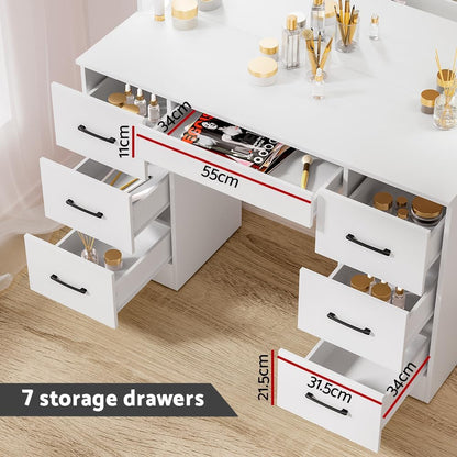 Vanity Table, 10 Bulbs LED Mirror Makeup Stool Set, 7 Drawers Shelves Wide Tabletop White