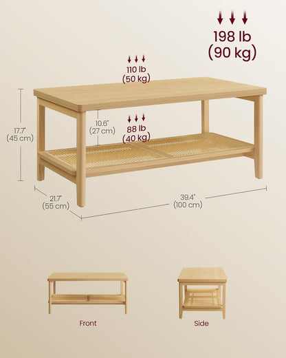 2-Tier Modern Coffee Table with PVC Rattan Storage Shelf, Rounded Corners, Easy Assembly, Boho Style, Oak Beige ULCT240Y57