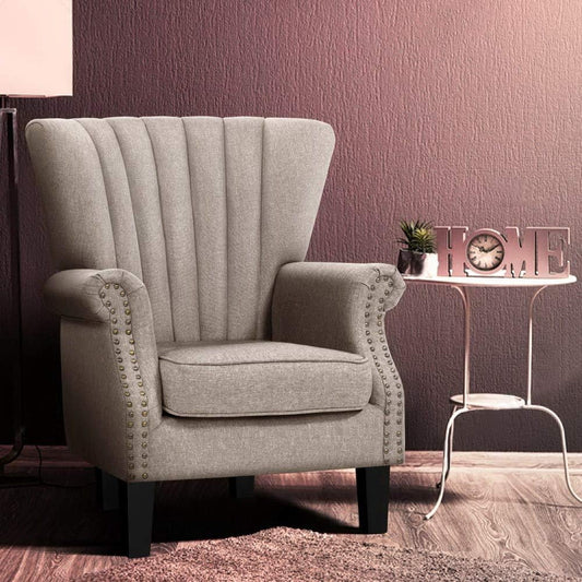  Armchair Beige Arm Lounge Dining Chairs Nursing Occasional Reading Seating Single Sofa Home Living Room Bedroom Furniture Upholstered with Linen Fabric + Wooden Legs