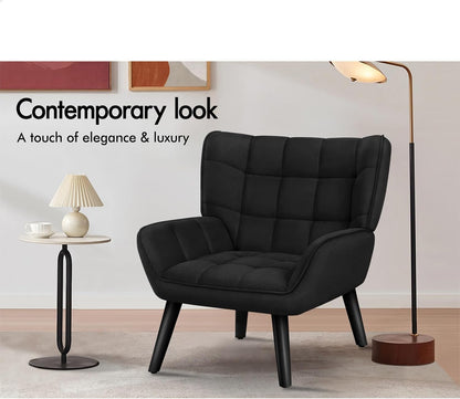 Armchair with Velvet Upholstery, Leisure Occasional Accent Chair with Solid Wooden Legs, Nursing Lounge Sofa for Reading Dressing Bedroom Living Room, Max 180Kg, Venus Black