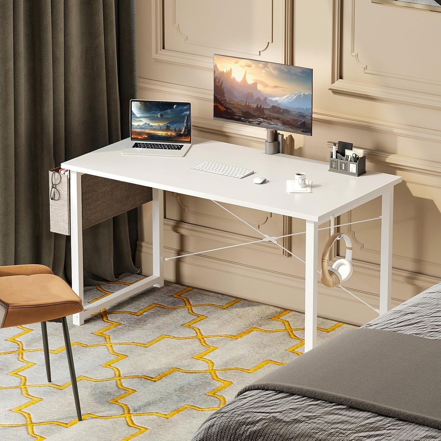 ODK Computer Desk Home Office Desk, Modern Writing Table, Simple Style PC Table with Storage Bag and Headphone Hook,100 * 48Cm White
