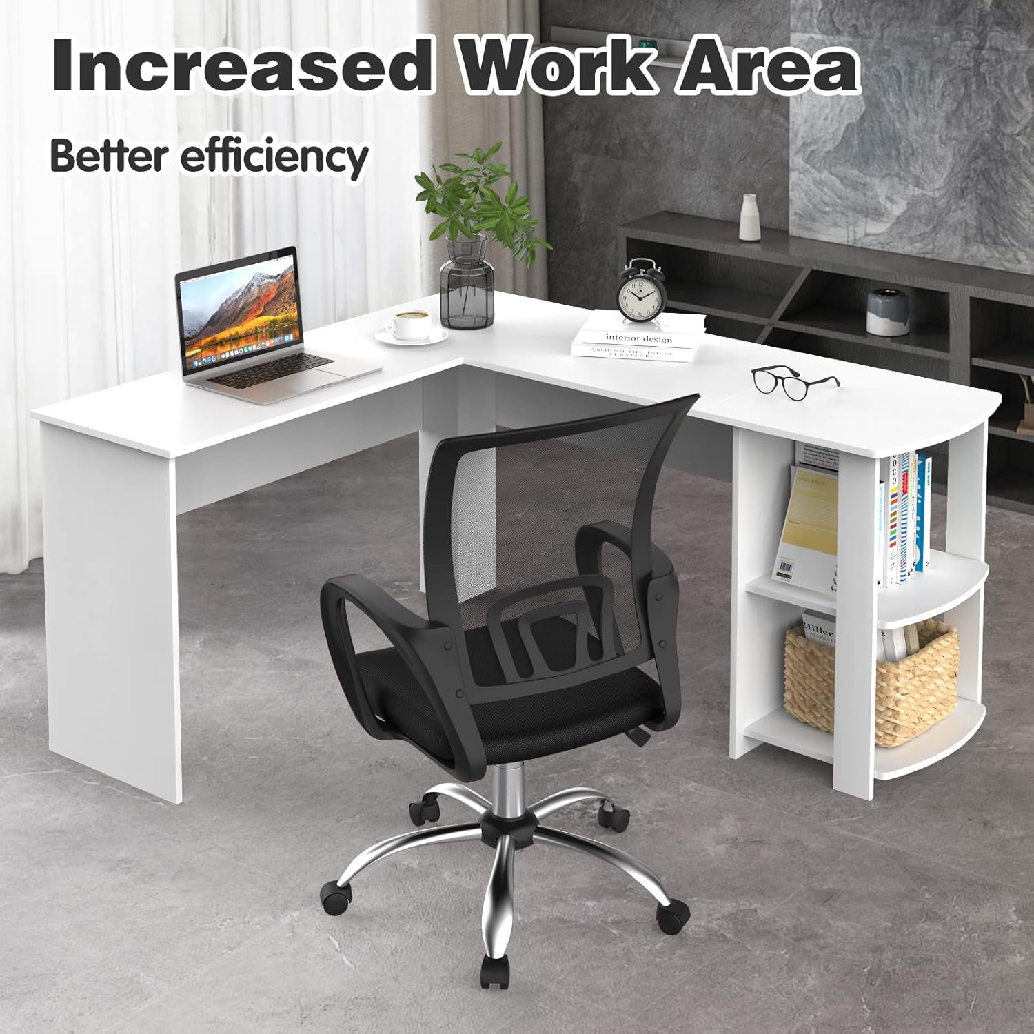 Ufurniture L-Shaped Corner Computer Desk Home Office Desk Study Table Workstation Writing Large L Shaped Desk with 2 Storage Shelves (White)