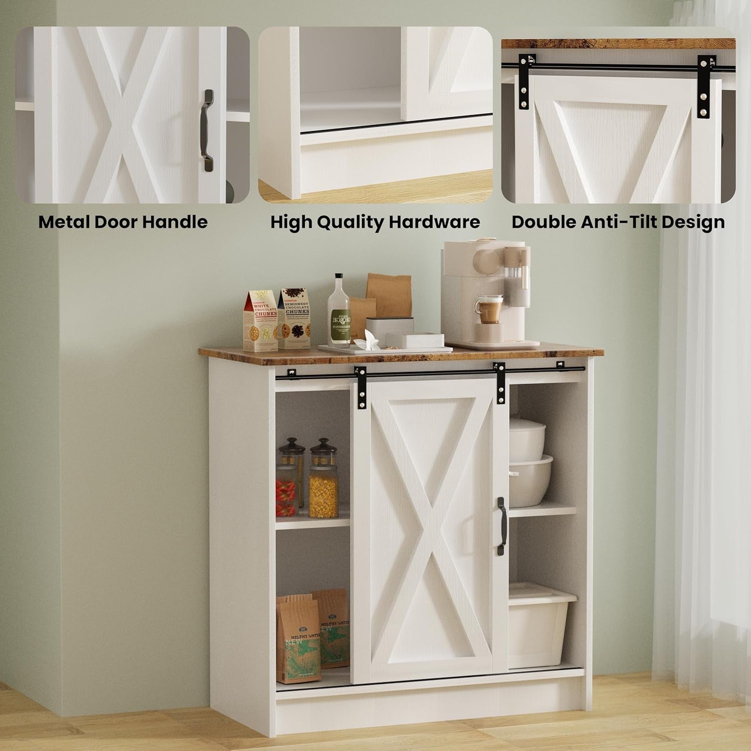 White Coffee Bar Cabinet Station, Small Kitchen Coffee Bar Cabinet with Storage, Farmhouse Sideboard Buffet Cabinet for Home, Kitchen, Living Room and Dining Room (Rustic Brown Top)