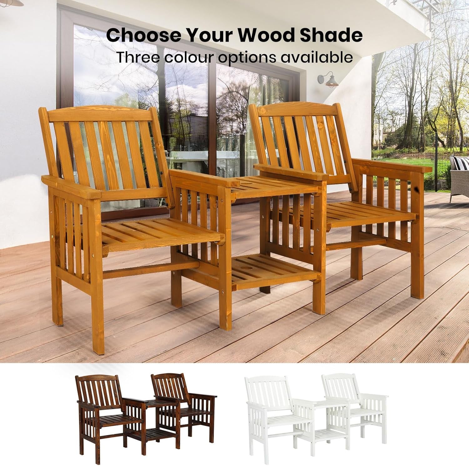 Wooden Outdoor Loveseats and Table Set - Fir Wood Twin Seats and Integrated Table Patio Conversation Set with 2-Seater Armchairs and Coffee Table Durable Garden Bench Furniture - White