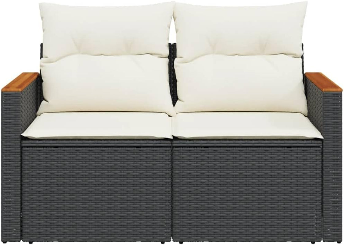 Garden Sofa/Couch W Cushions - 2-Seater Black PE Rattan, Steel & Acacia Wood - Outdoor Patio/Deck Furniture - 124X62X69 Cm with Storage & Side Table
