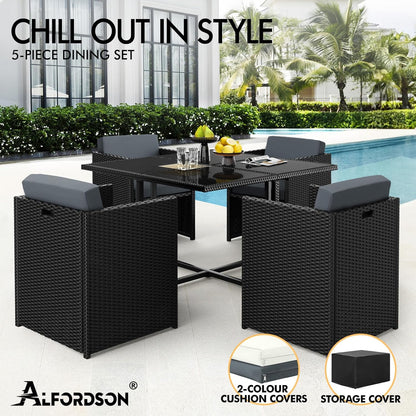 5Pcs Outdoor Dining Set Patio Furniture Garden Armchair, PE Wicker Rattan Lounge Chair and Glass Top Table with Steel Frame & Cushions, Uv-Resistant Conversation Sofa Set with Storage Cover