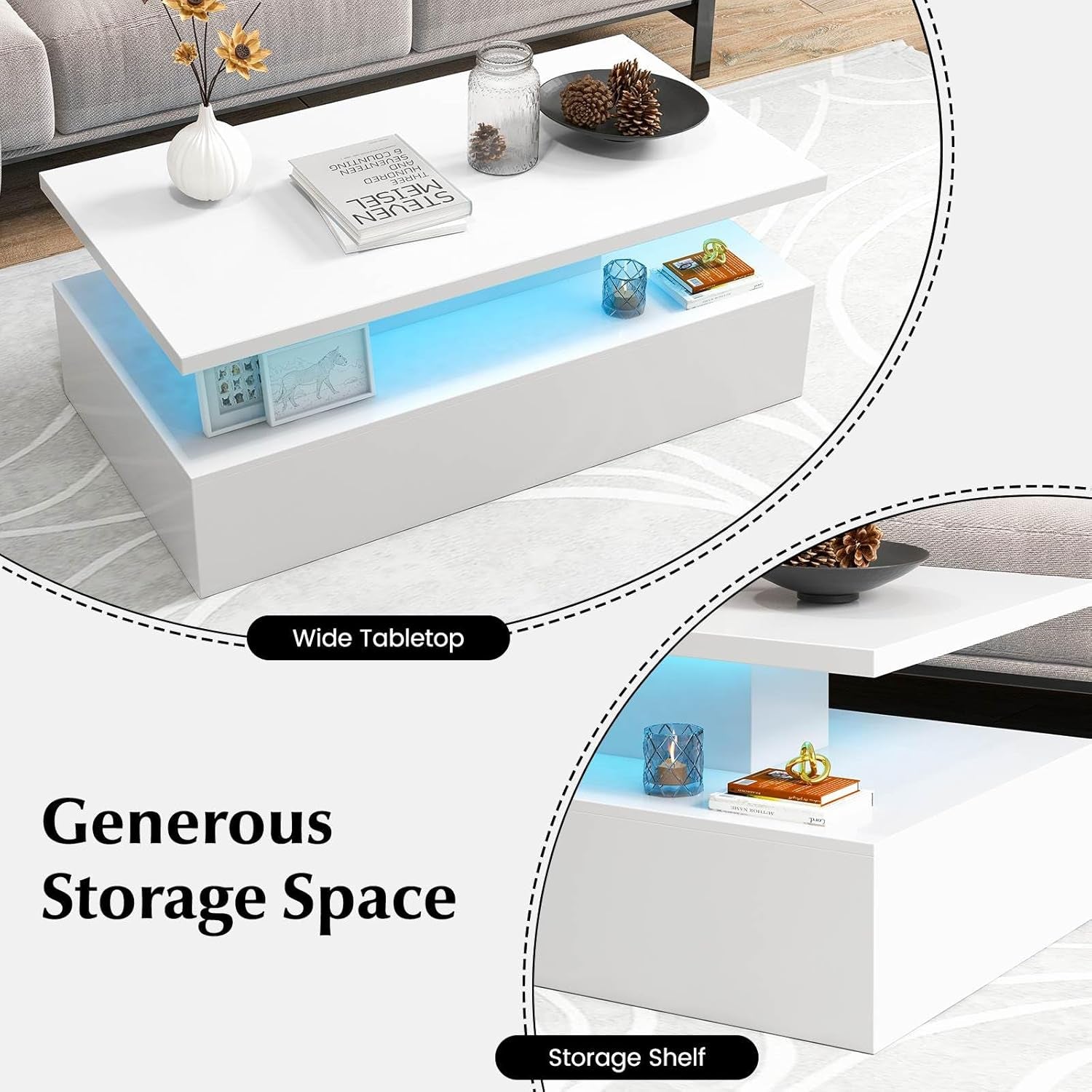 LED Coffee Table, Modern 2-Tier High Glossy White Coffee Table with Adjustable Light Colours, Speed & Brightness, (White)