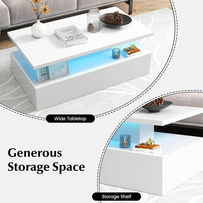 LED Coffee Table, Modern 2-Tier High Glossy White Coffee Table with Adjustable Light Colours, Speed & Brightness, (White)