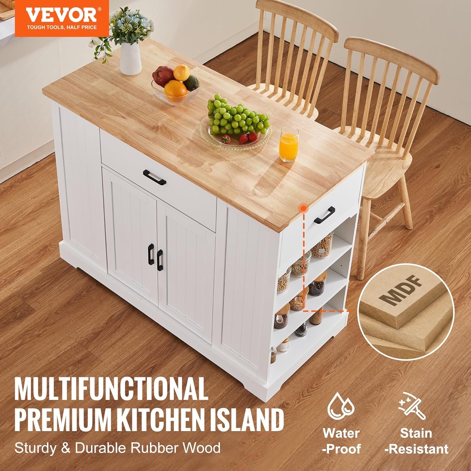 Kitchen Island Cart, 46" Wood Top Breakfast Bar with Storage Cabinet, Farmhouse Kitchen Table with Adjustable Shelf, Drawer, for Dining Kitchen Living Room, White