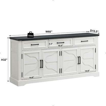 Farmhouse Buffet Sideboard Cabinet, 66" Buffet Table Coffee Bar Wine Bar Cabinet with Drawers and Doors, Kitchen Sideboard Storage Cabinet for Dining Room