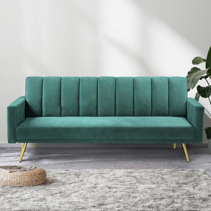 3 Seater Sofa Bed Convertible, Velvet Loveseat Sofa Couch, Recliner Sofa Lounge with 3 Adjustable Backrest Positions, Spare Bed for Guest, Load up to 220Kg (197Cm, Green)